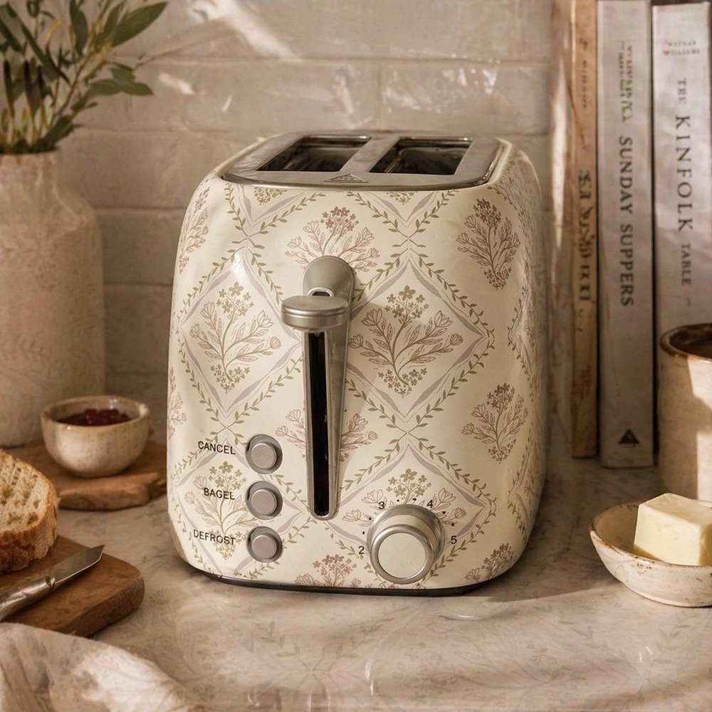 DwellStudio 2 Slice Toaster Floral Cream Gold 1.5in Wide Slot‎ 825W New
